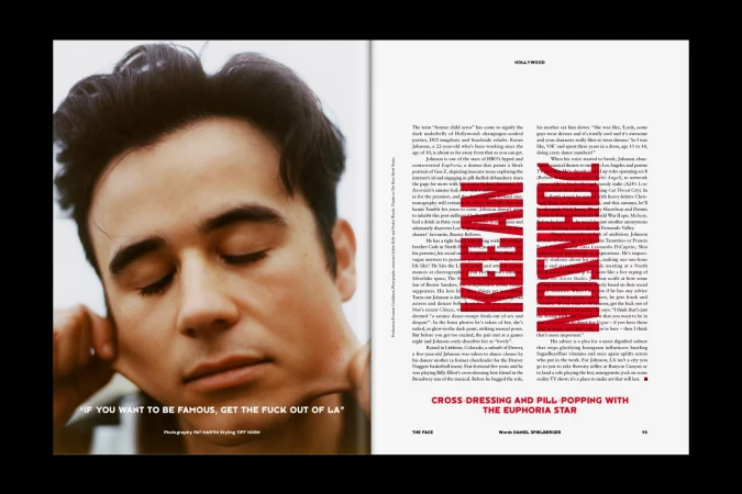 Close-up studio shot of a young adult male with dark hair and closed eyes, set against a magazine page featuring bold text, in a contemporary style.