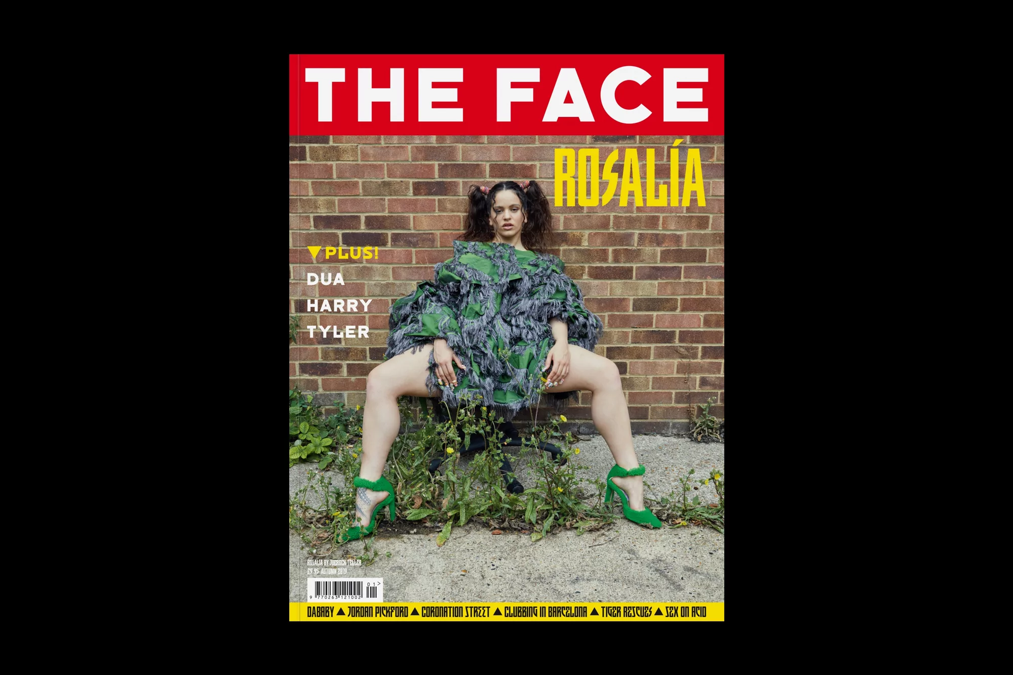 Magazine cover featuring a model in a green fringe outfit and high heels, posed in front of a brick wall with The Face logo.