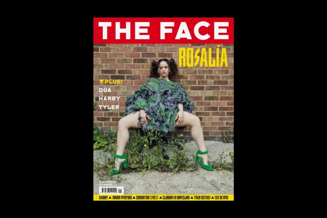 Magazine cover featuring a model in a green fringe outfit and high heels, posed in front of a brick wall with The Face logo.