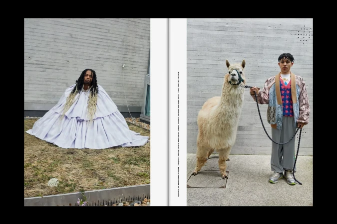 Editorial fashion shot with a person in a long gown sitting in front of a wall, and another person with an alpaca on a leash.