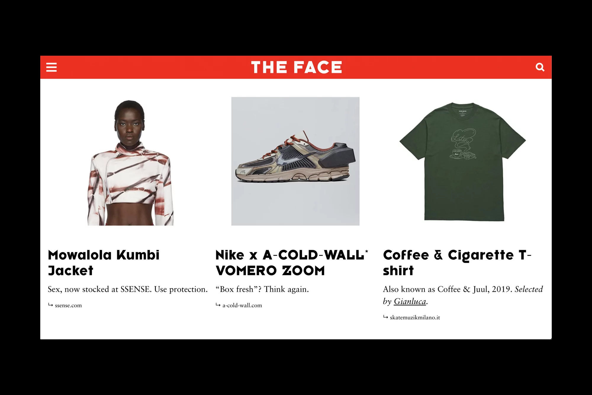 Website featuring a fashion editorial: woman in jacket, Nike sneaker, and a 'Coffee & Cigarette' t-shirt against a white backdrop.