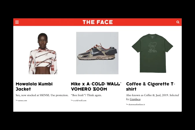 Website featuring a fashion editorial: woman in jacket, Nike sneaker, and a 'Coffee & Cigarette' t-shirt against a white backdrop.