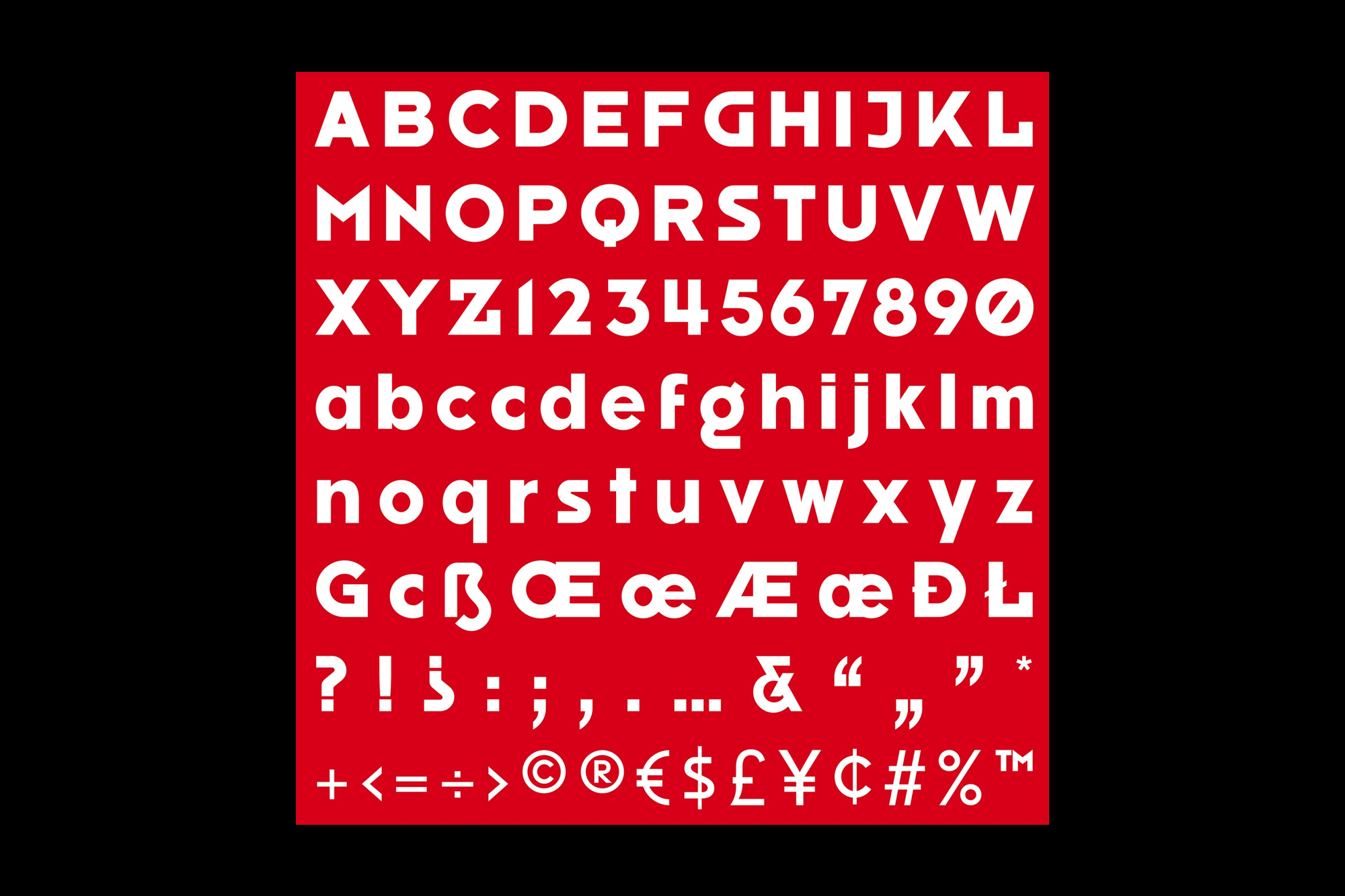 Alphabet and symbol showcase in a clean, sans-serif typeface against a red background, encompassing uppercase, lowercase, and numerals.