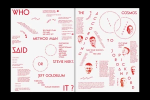 Spread design for The Face by Bureau Borsche featuring red typography, circular text layouts, and portrait illustrations.