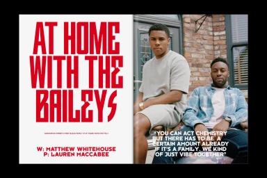 Two black men posing outside a brick building with bold red typography on the left panel for The Face brand identity.