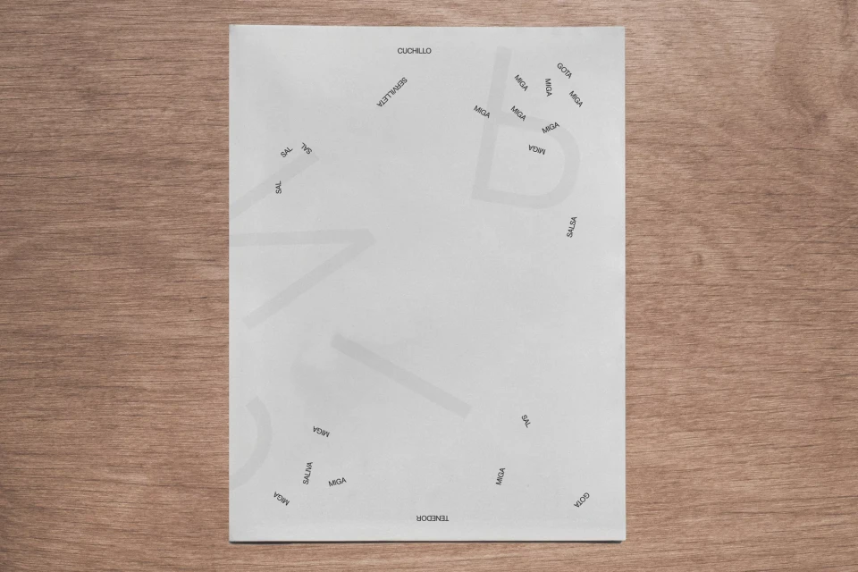 Overhead shot of a white page with culinary Spanish words in black text, laid on a wood surface, creating an abstract design.