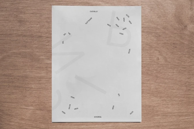 Overhead shot of a white page with culinary Spanish words in black text, laid on a wood surface, creating an abstract design.