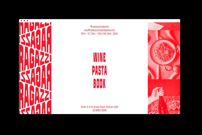 Ragazzi Wine and Pasta advertisement with a bowl of pasta, a wine bottle held by a hand, and text in red on a white background.