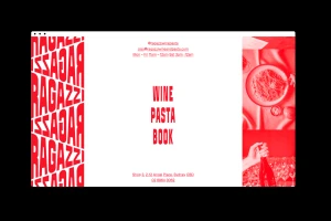 A website mockup for Ragazzi featuring bold red typography and photography of wine and pasta against a clean white background.