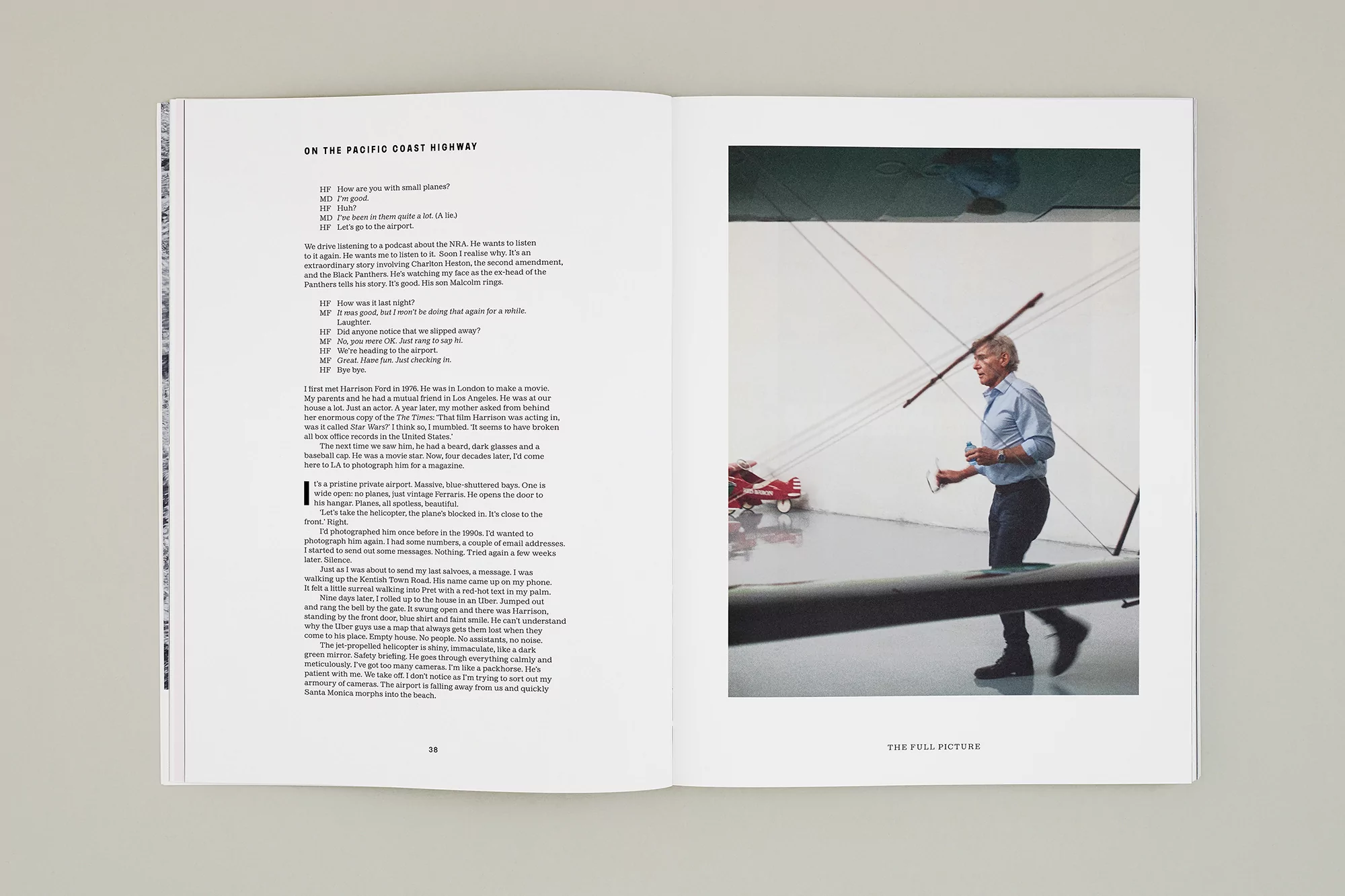 Open magazine spread showing a text page and a photograph of Harrison Ford walking past an airplane