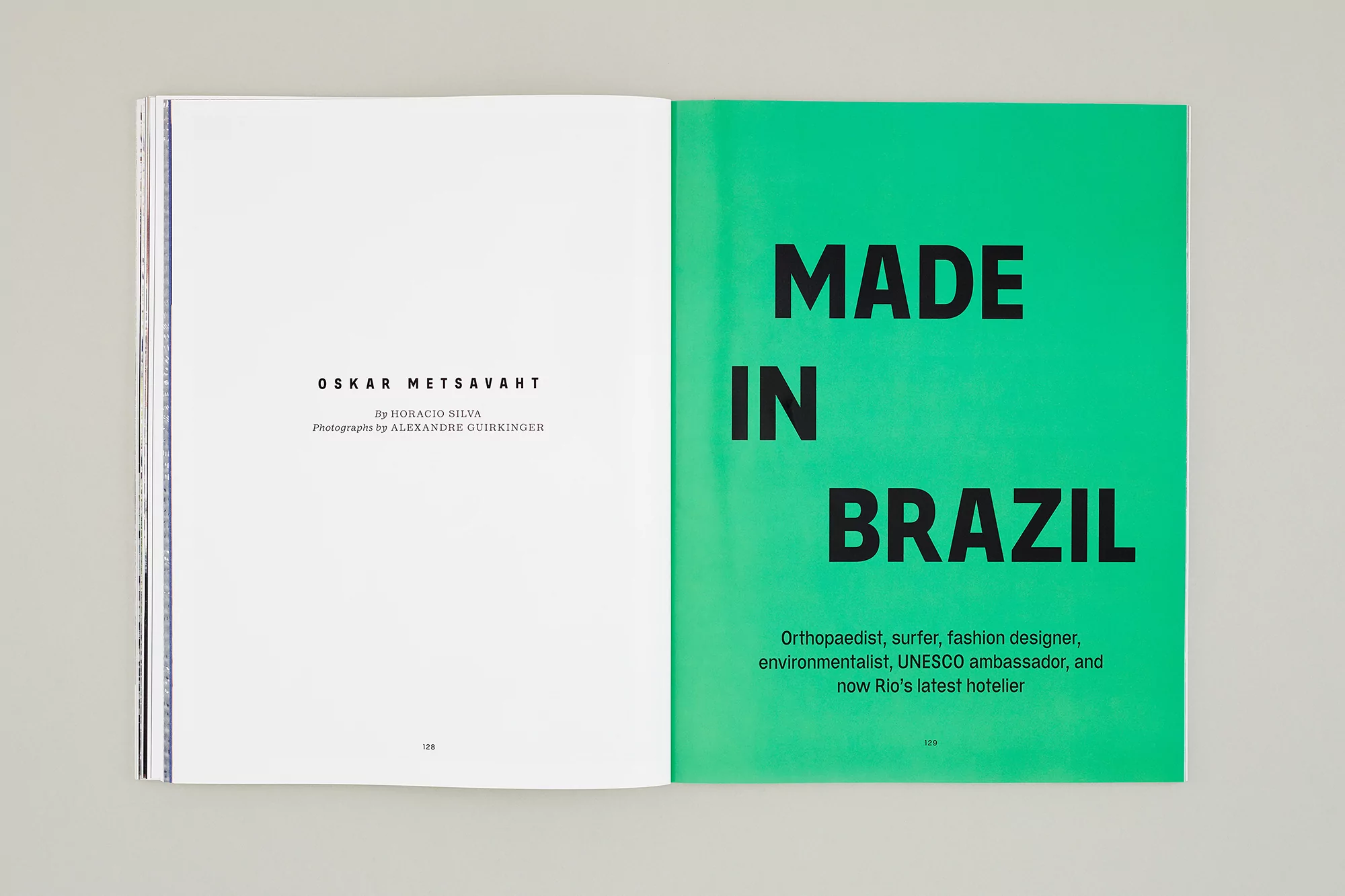 Open magazine spread with 'Made in Brazil' on a vibrant green page and an article with the title 'Oskar Metsavaht' on white page.