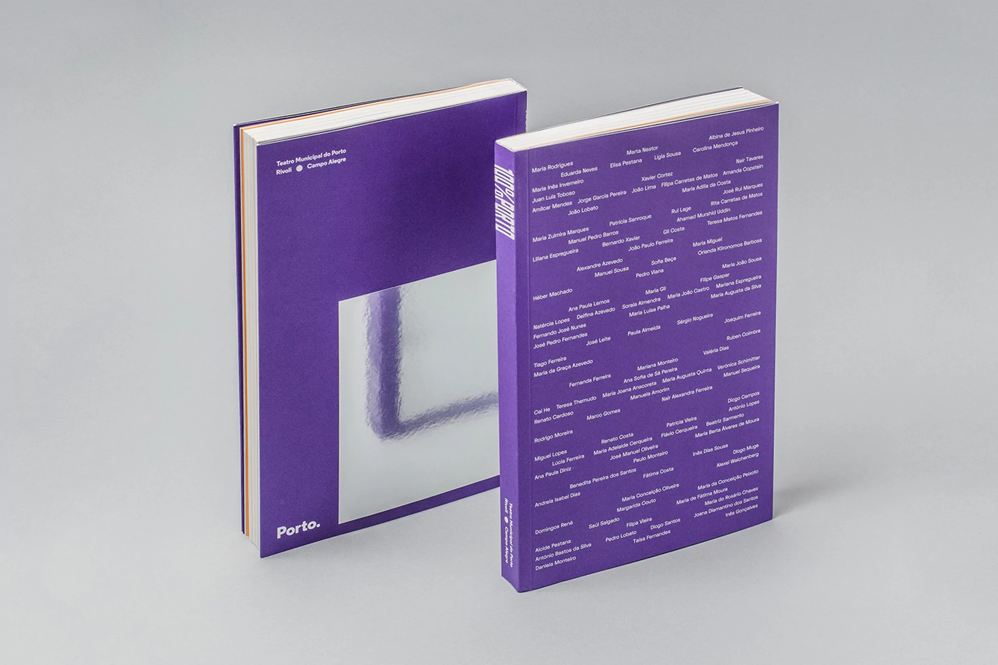 Two purple books are positioned side by side, displaying text and geometric shapes on their covers, set against a grey backdrop.