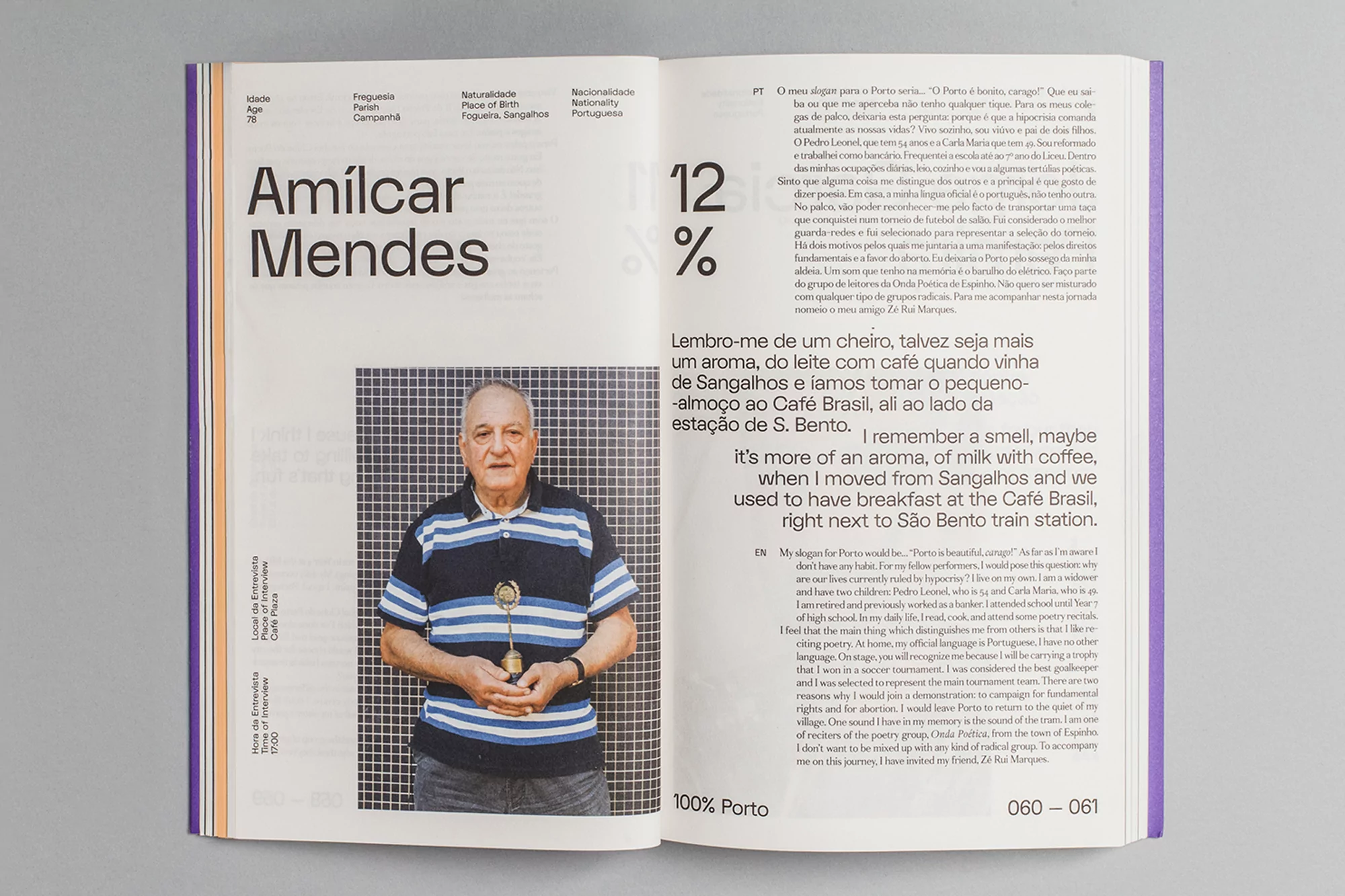 Portrait of Amílcar Mendes featured in an open magazine, showcasing his image, name, and accompanying text in Portuguese.