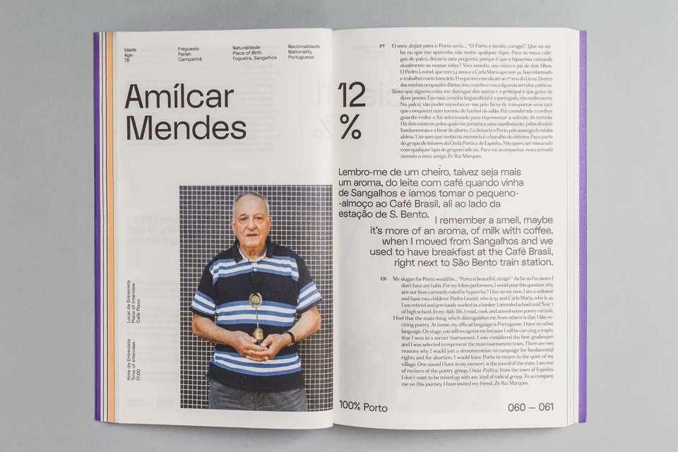 Portrait of Amílcar Mendes featured in an open magazine, showcasing his image, name, and accompanying text in Portuguese.