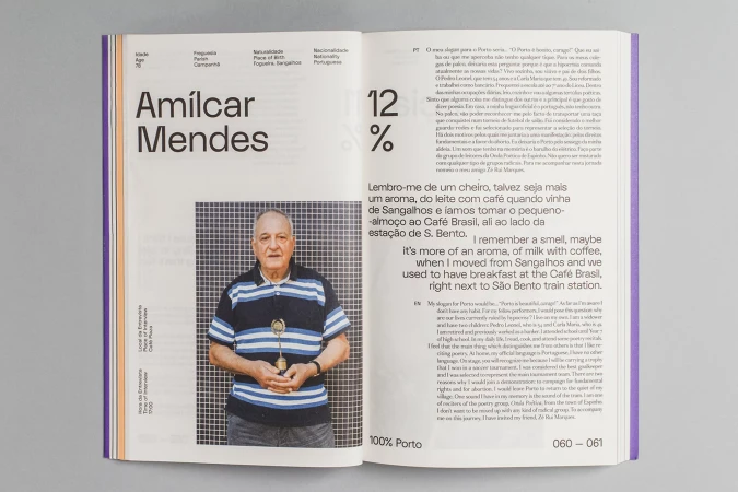 Portrait of Amílcar Mendes featured in an open magazine, showcasing his image, name, and accompanying text in Portuguese.