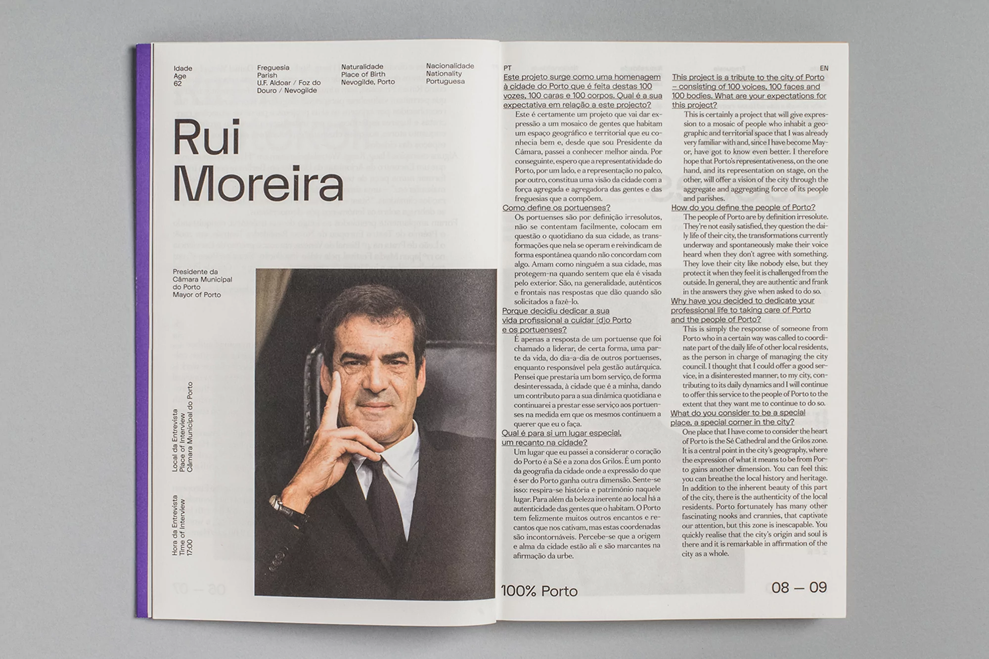 Indoor portrait of Rui Moreira, Mayor of Porto, from magazine spread. He is wearing a suit and tie with a thoughtful expression.