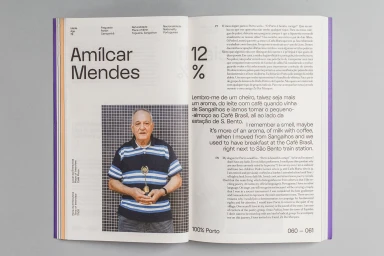 Open book spread showing brand identity design with typography and a portrait of a man holding a trophy for Porto City Theatre.