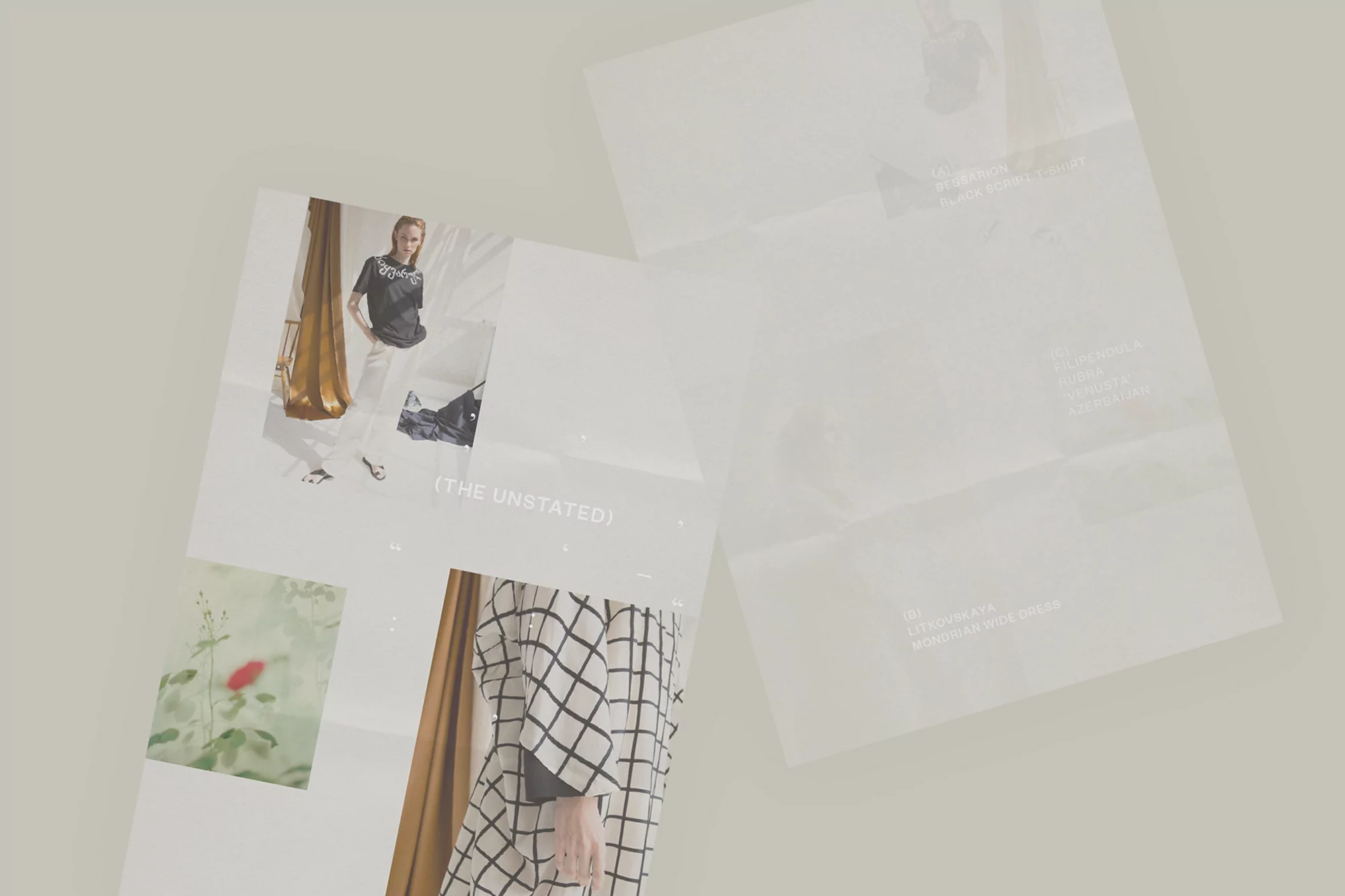Fashion editorial layout featuring a woman in a black top and white pants, a dress shirt, and a floral image, on layered pages.