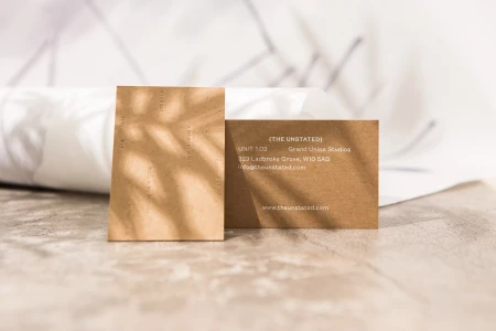 Two brown business cards resting on a concrete surface with soft leaf shadow patterns cast across them.