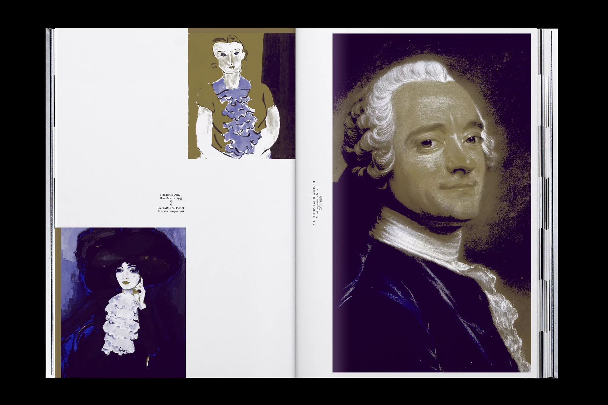 Open book spread featuring illustrations of portraits in various styles with a neutral and dark color palette in an indoor setting.
