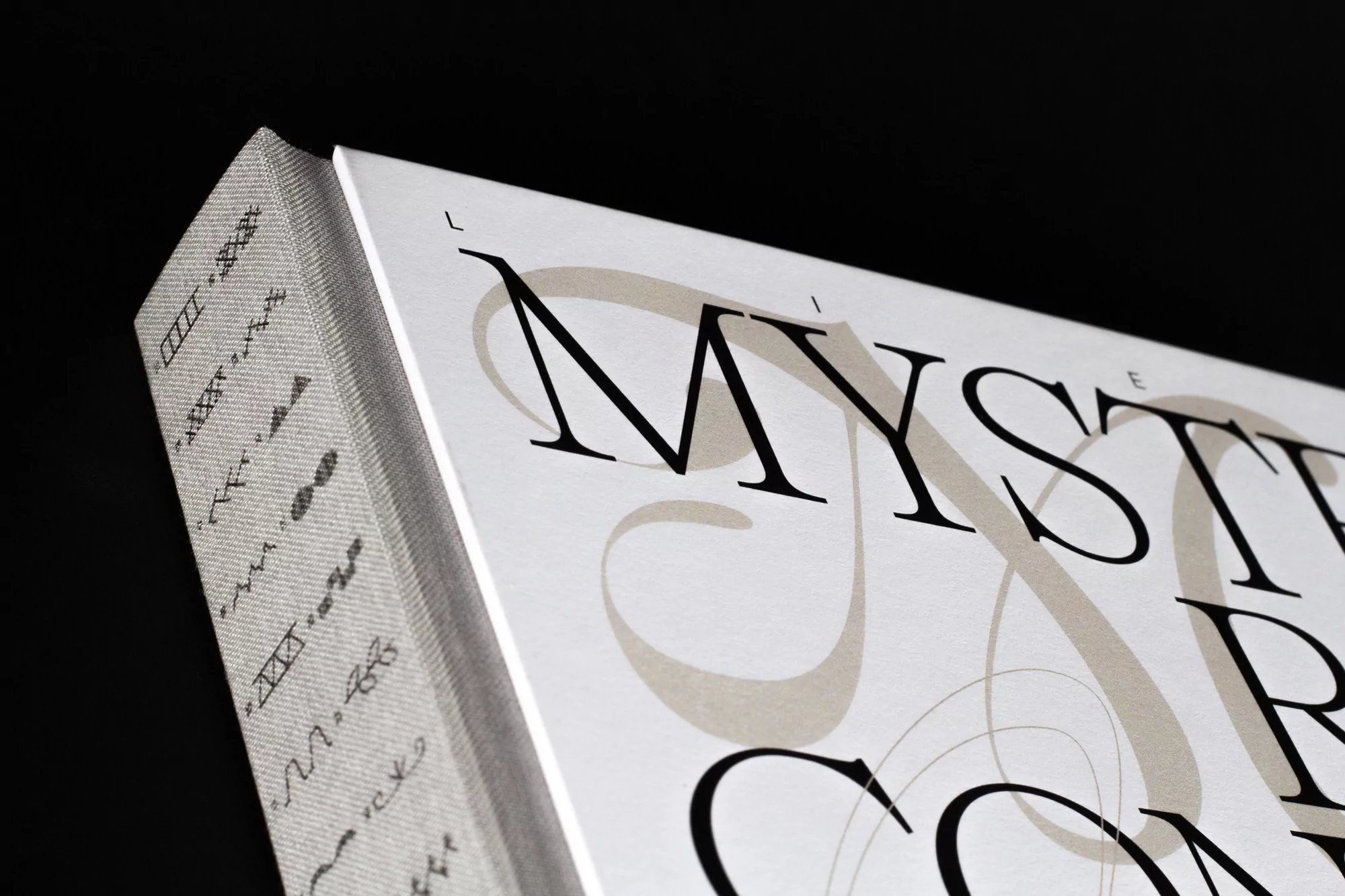 Close-up of book cover with black 'Mystery' title on white and gray cover; gray, geometric pattern on book spine; black background.