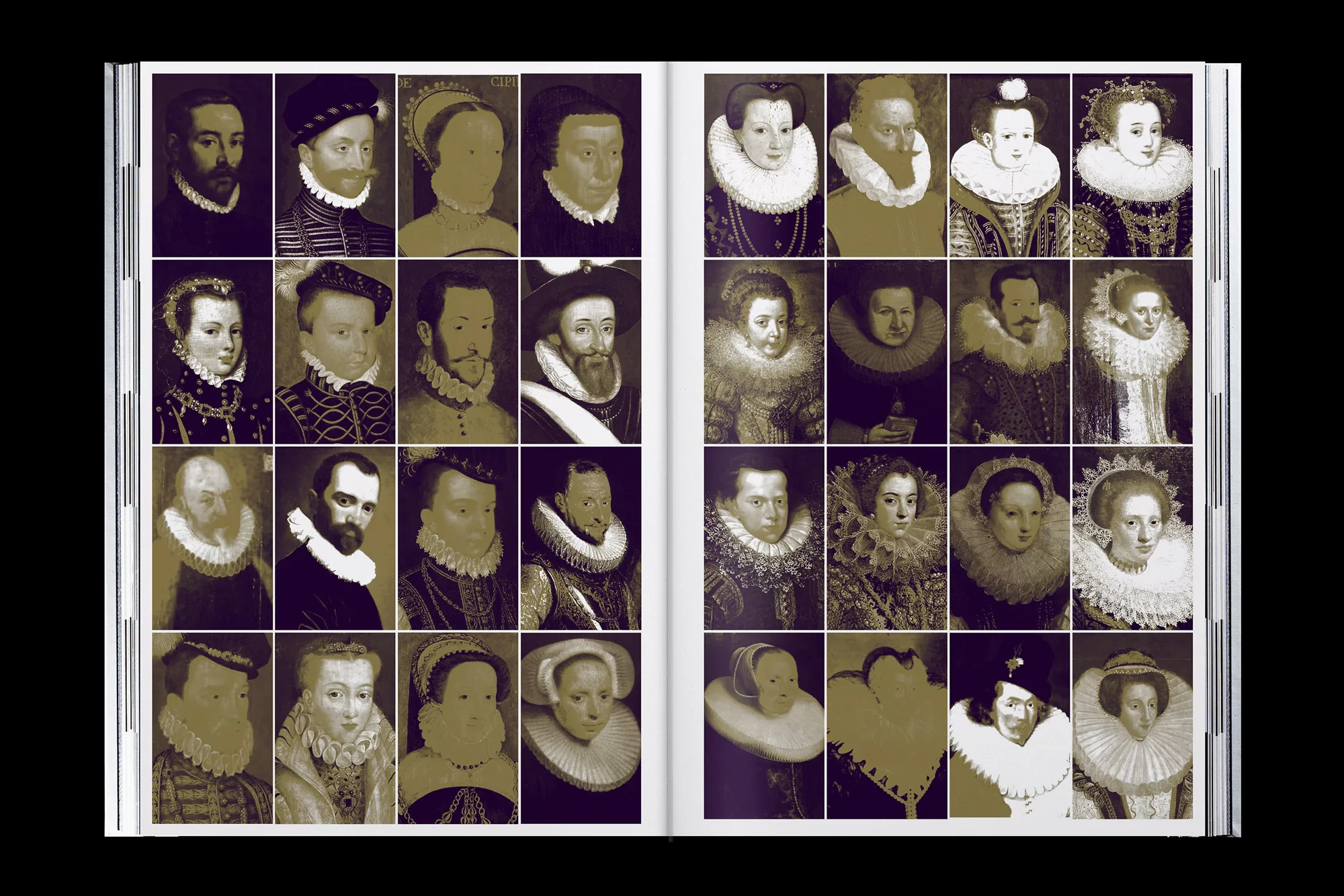 Open book displaying a collection of portrait paintings of people wearing ruffs and period clothing, presented in a grid layout.