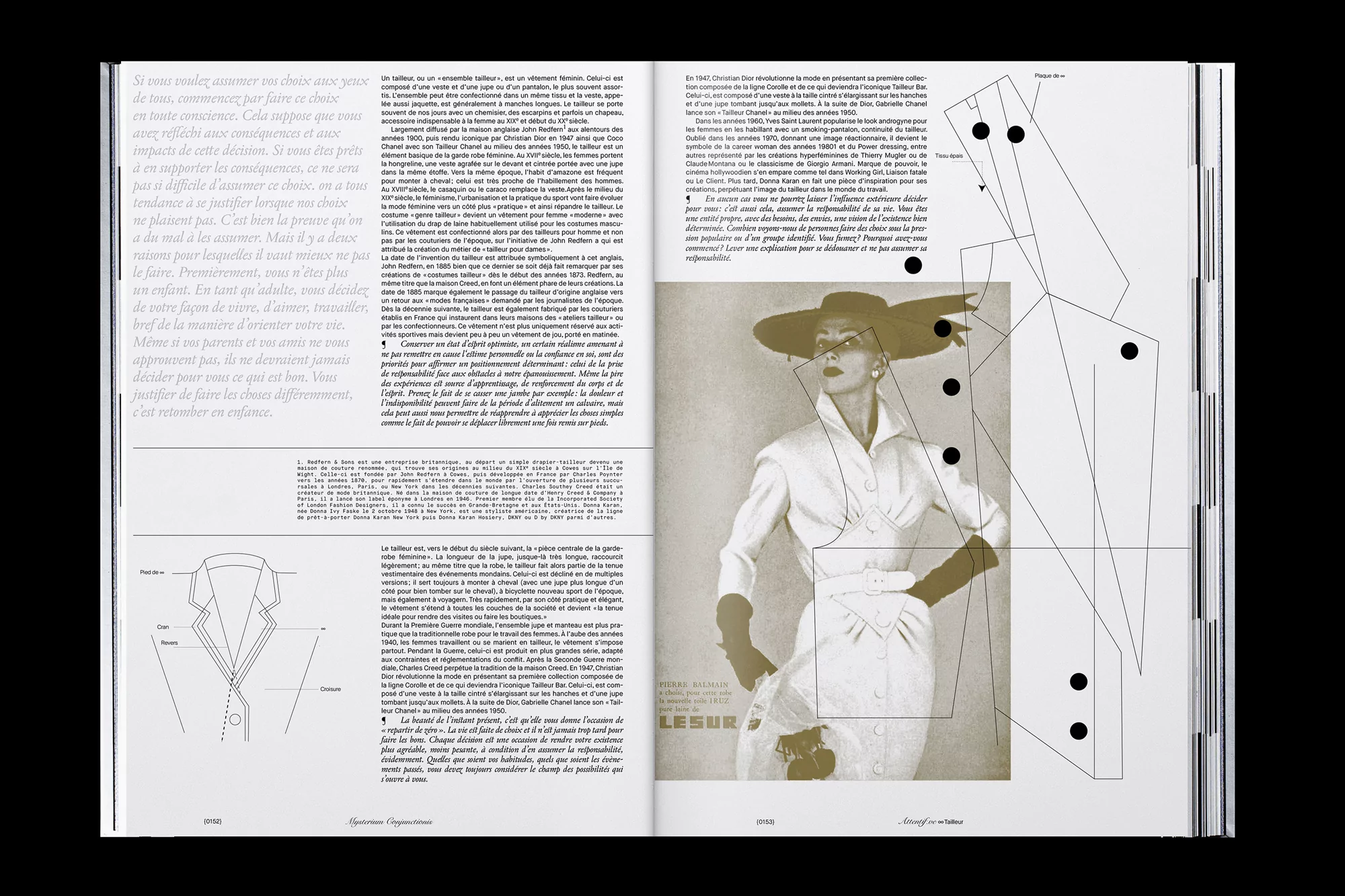 Editorial layout features a woman in a white dress and hat, overlaid with black geometric shapes and French text, on magazine pages.
