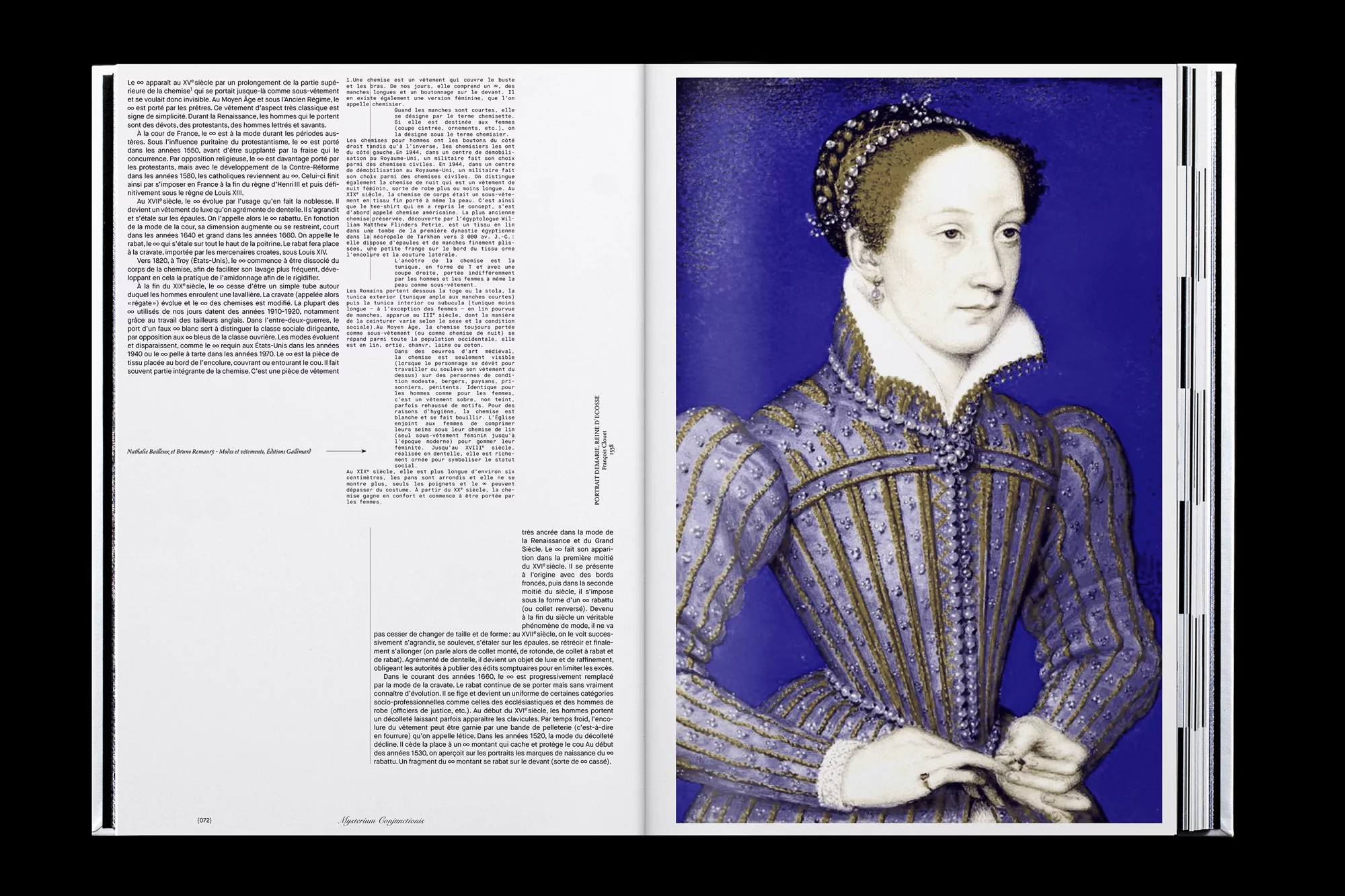 Open book shows a full-page reproduction of a portrait of a woman in blue tones, wearing a decorative dress and standing indoors.