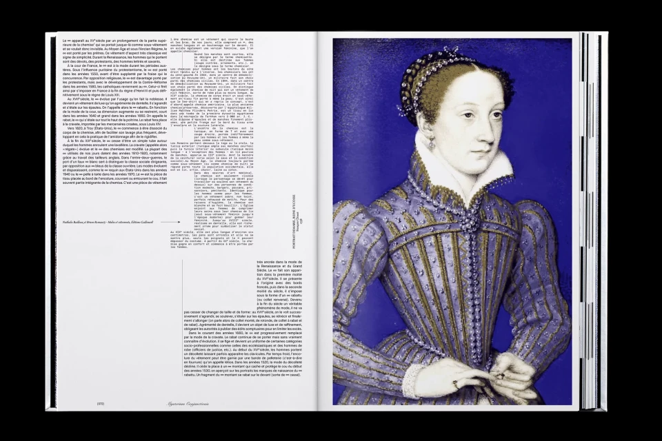 Open book shows a full-page reproduction of a portrait of a woman in blue tones, wearing a decorative dress and standing indoors.