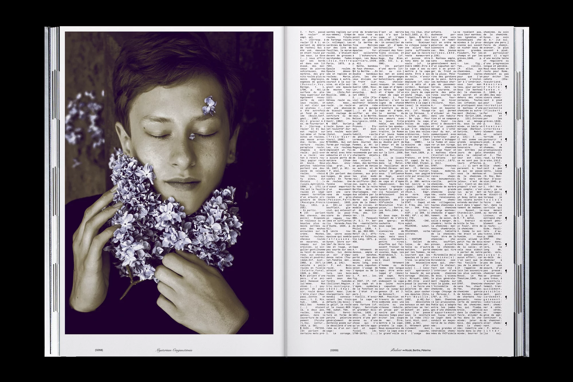 A person with closed eyes holds a large bouquet of purple lilac flowers against their face in a split-page layout with dense text.