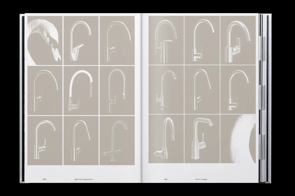 Open book pages displaying an arrangement of white tap fittings against a muted beige background, showcasing kitchen and bathroom fixtures.