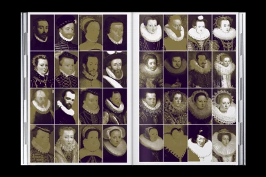 An open book displaying a grid of historical portraits featuring people with ruff collars arranged across two pages.