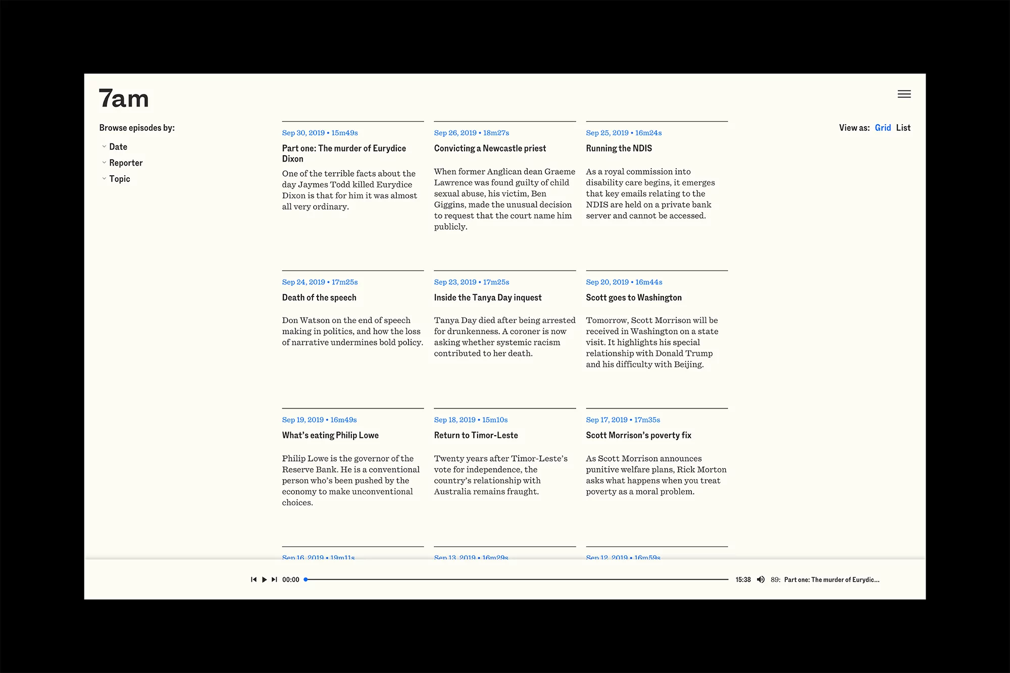 Screenshot of the 7am podcast website, featuring a list of episodes with titles, dates, and brief descriptions on a light background.