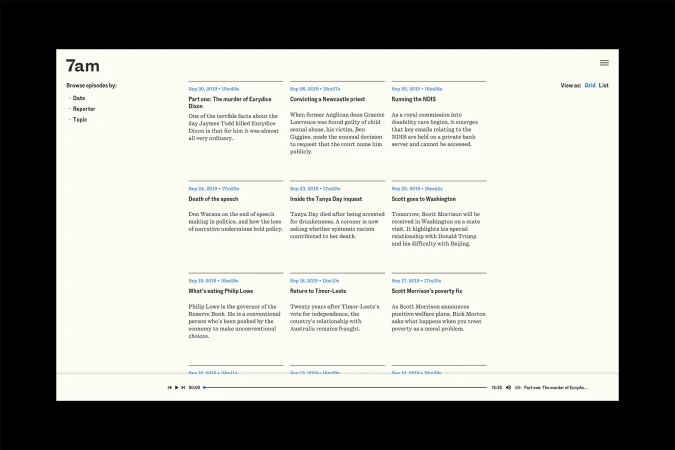 Screenshot of the 7am podcast website, featuring a list of episodes with titles, dates, and brief descriptions on a light background.