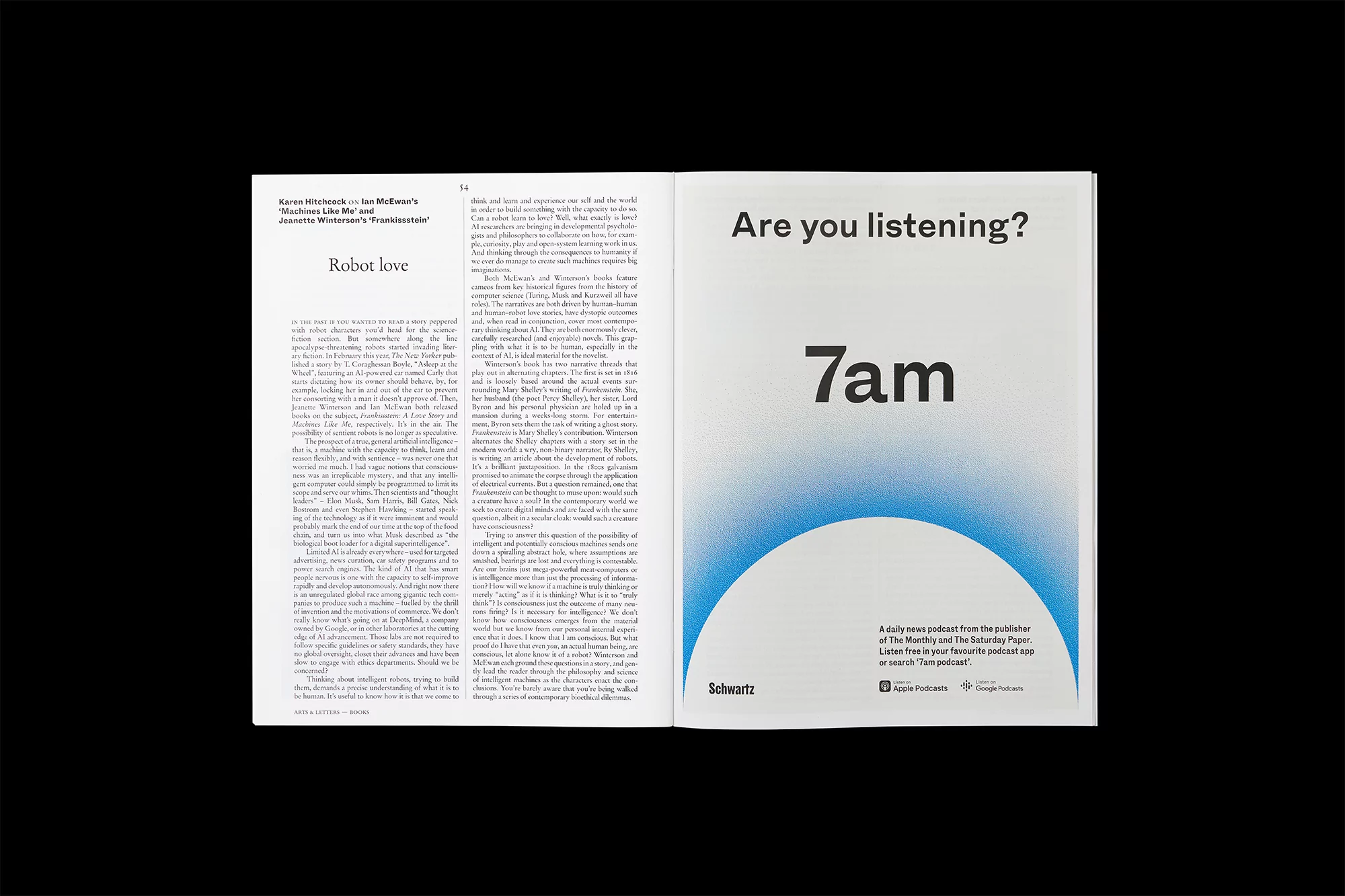 Magazine spread features a page promoting the 7am podcast in bold typography, set against a clean white background with gradient accents.
