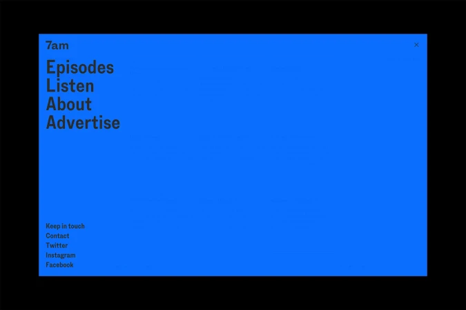 Blue and black website graphic featuring menu items such as Episodes, Listen, About, and Advertise, along with social media links.