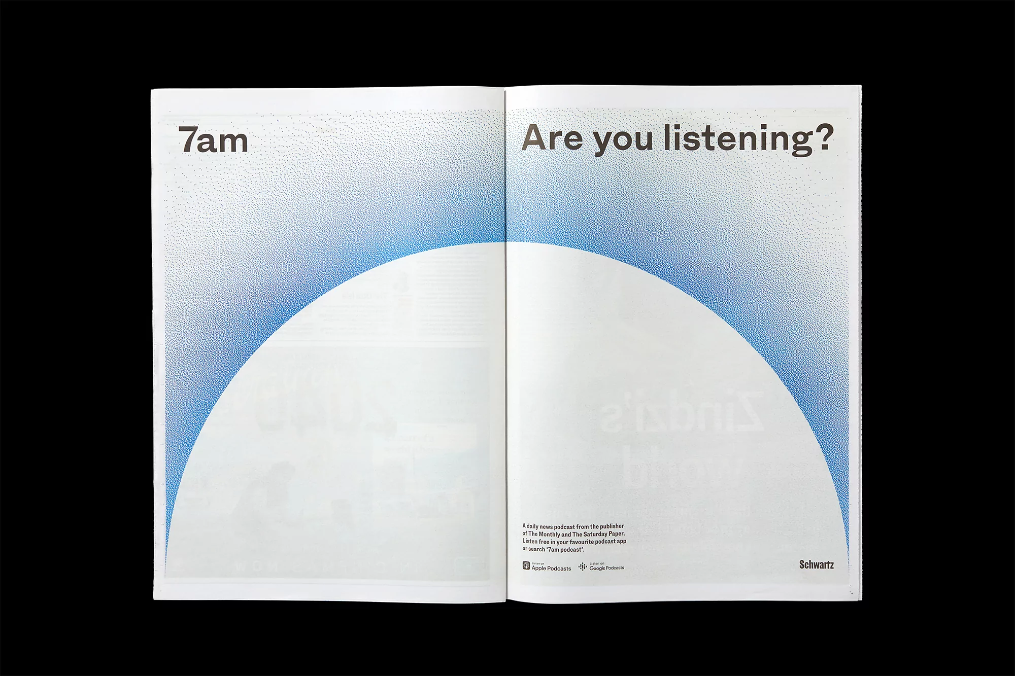 Open magazine spread featuring '7am' and 'Are you listening?' text, showcasing minimalist design with blue gradient and white space on black background.