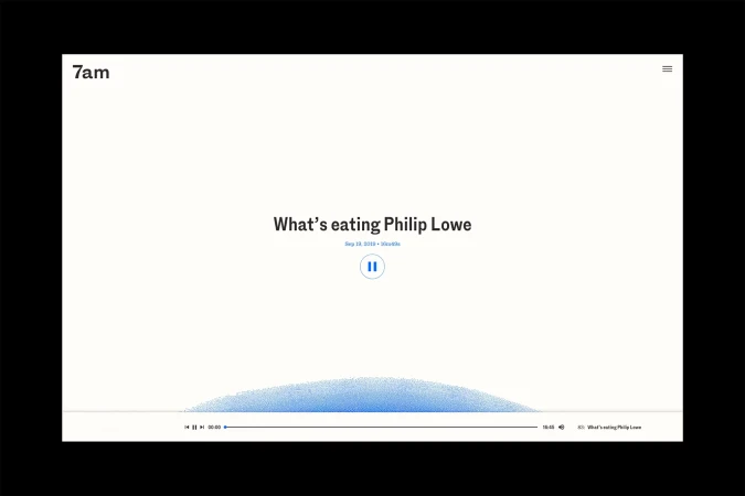Web page with title 'What's eating Philip Lowe' on a light background featuring audio player controls at the bottom of the screen.