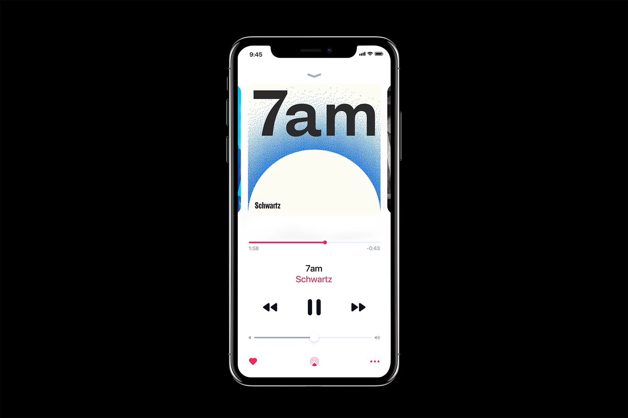 An iPhone displays a music app interface with the song '7am' by Schwartz, featuring a play button, track slider, and album art on black background.