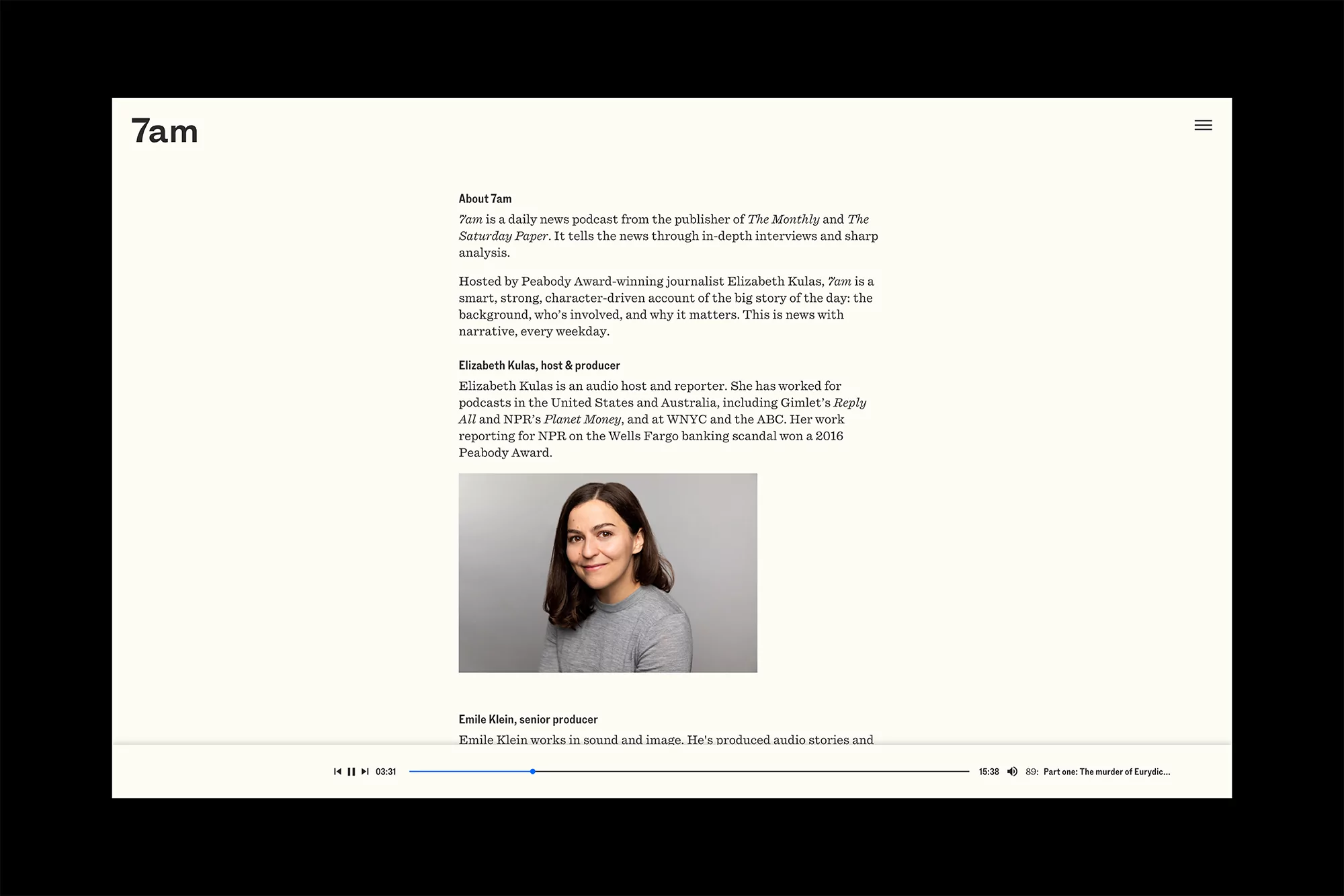 Website screenshot of the '7am' news podcast featuring a portrait of the host, Elizabeth Kulas, and text about the podcast and its creators.