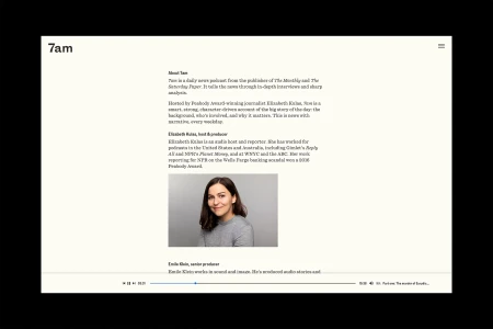 Website interface design layout for 7am podcast by Schwartz Media featuring typography and a host portrait