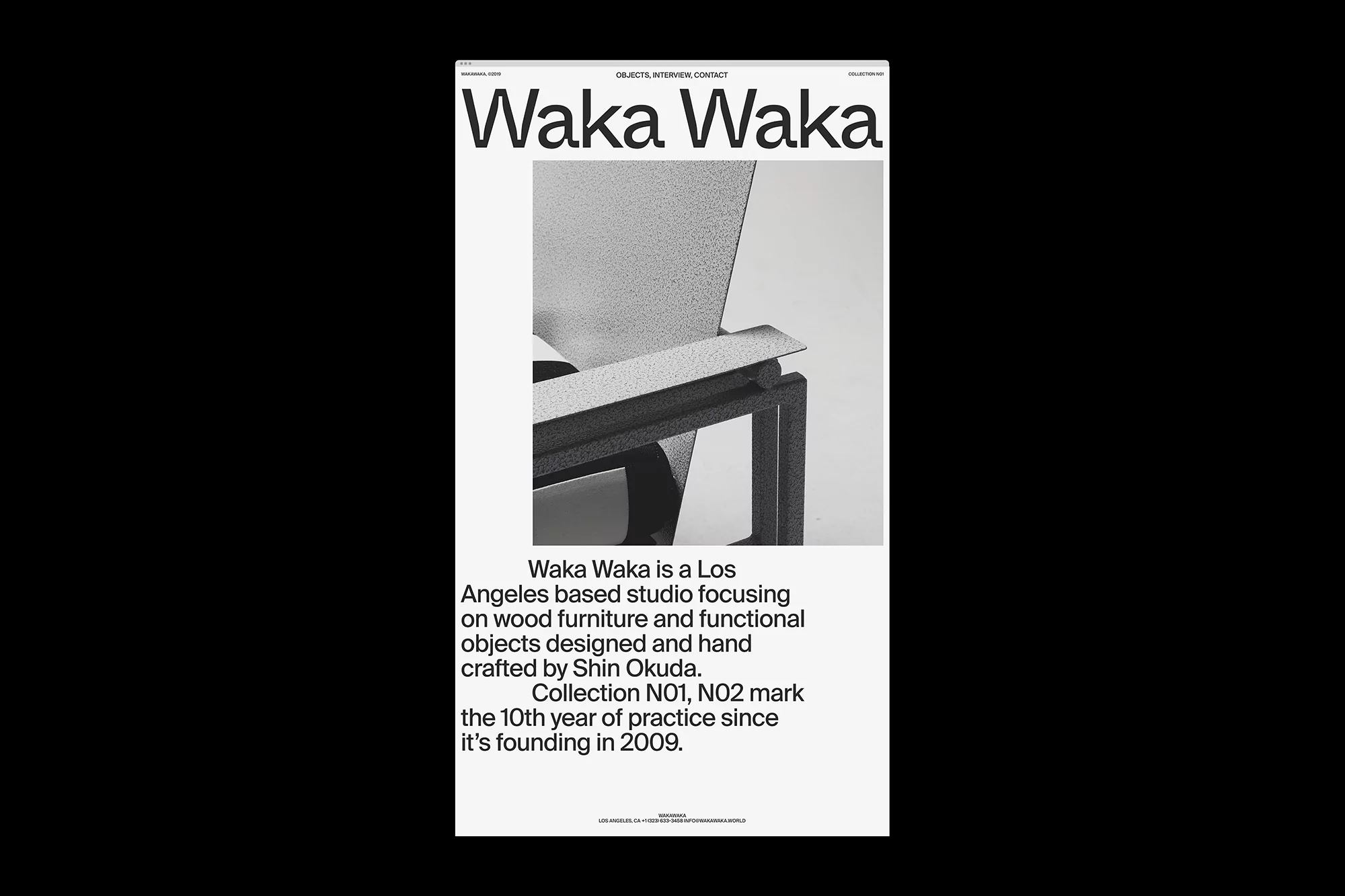 Promotional poster for Waka Waka, a Los Angeles-based studio, featuring an abstract grayscale furniture chair with black sans-serif typeface.