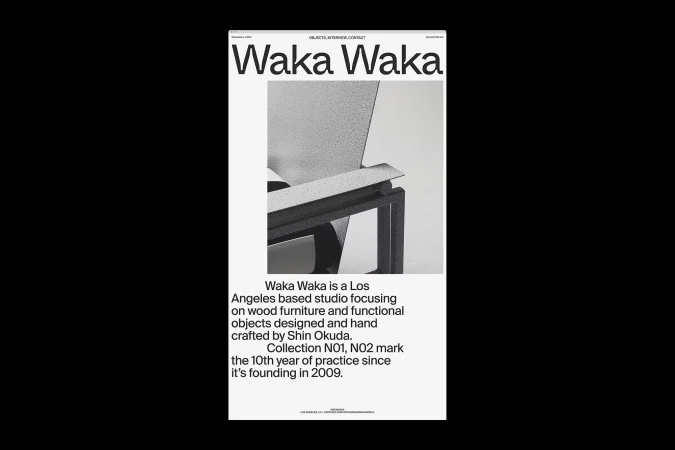 Promotional poster for Waka Waka, a Los Angeles-based studio, featuring an abstract grayscale furniture chair with black sans-serif typeface.