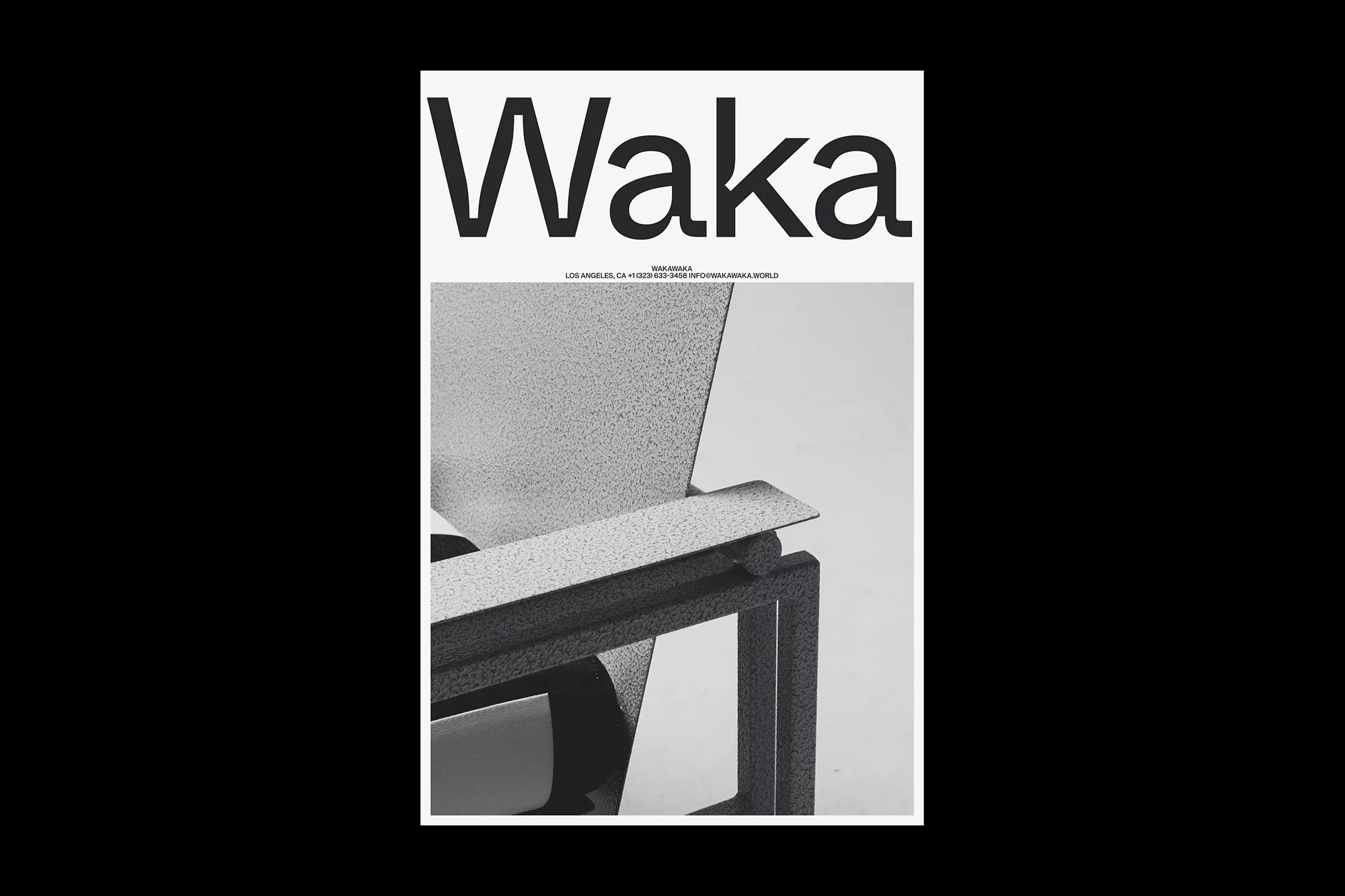 Magazine cover featuring a close-up of a modern metal chair, showcasing architectural design and monochrome tones with the 'Waka' title.