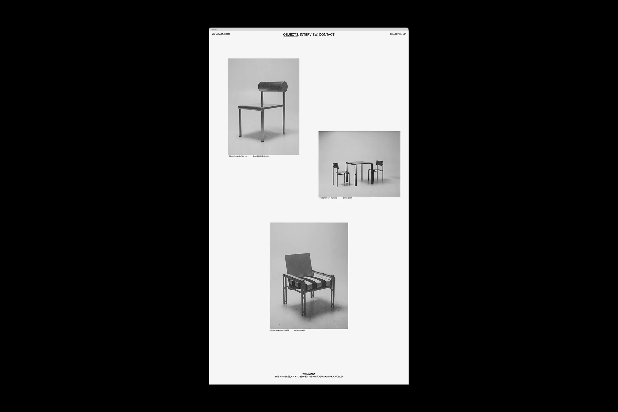Monochrome product shot featuring three chair and table designs on a webpage with navigation, addressing and contact information.