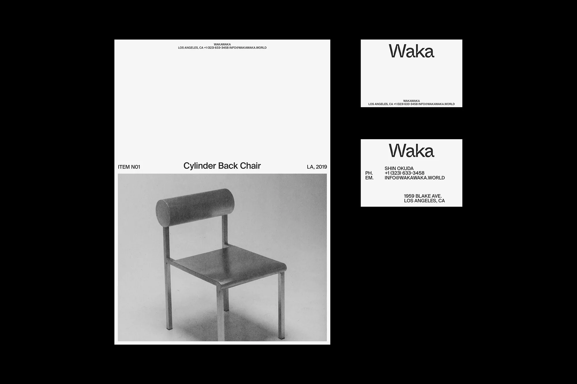Image of a cylinder back chair in black and white, presented in a product flyer or advertisement with the Waka brand name displayed.