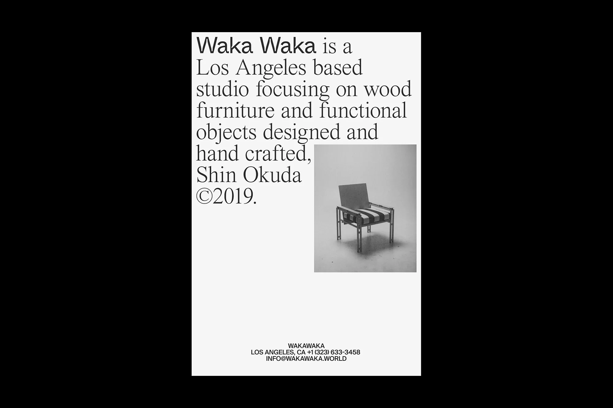 Monochromatic image of a modern chair with striped fabric seat, set against a plain background, displayed with brand information.