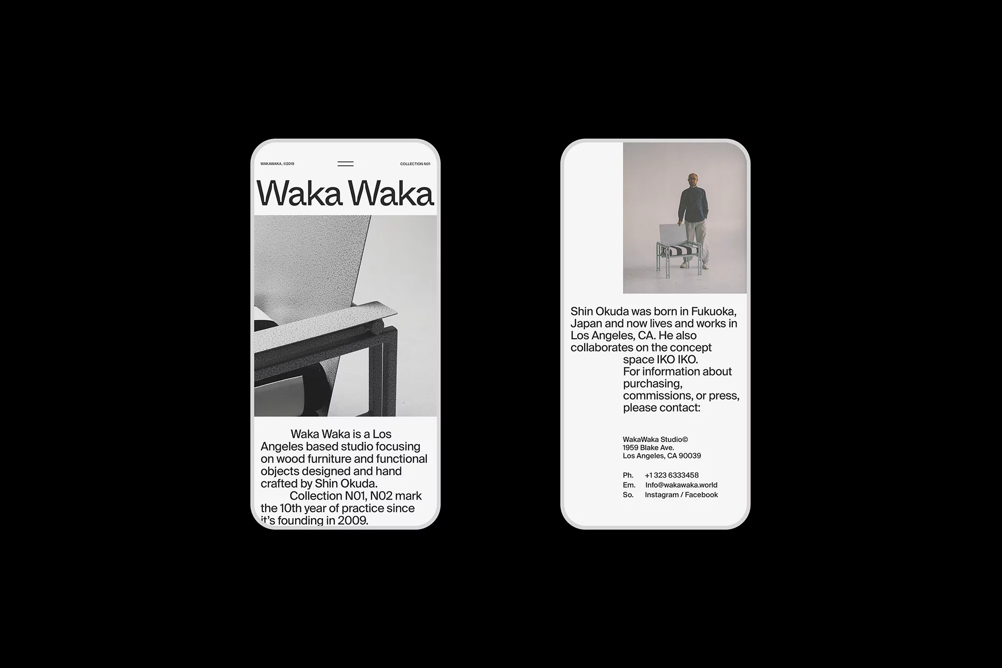 Two mobile phone mockups with Waka Waka branding, featuring a chair and furniture designs, presented against a stark black background.