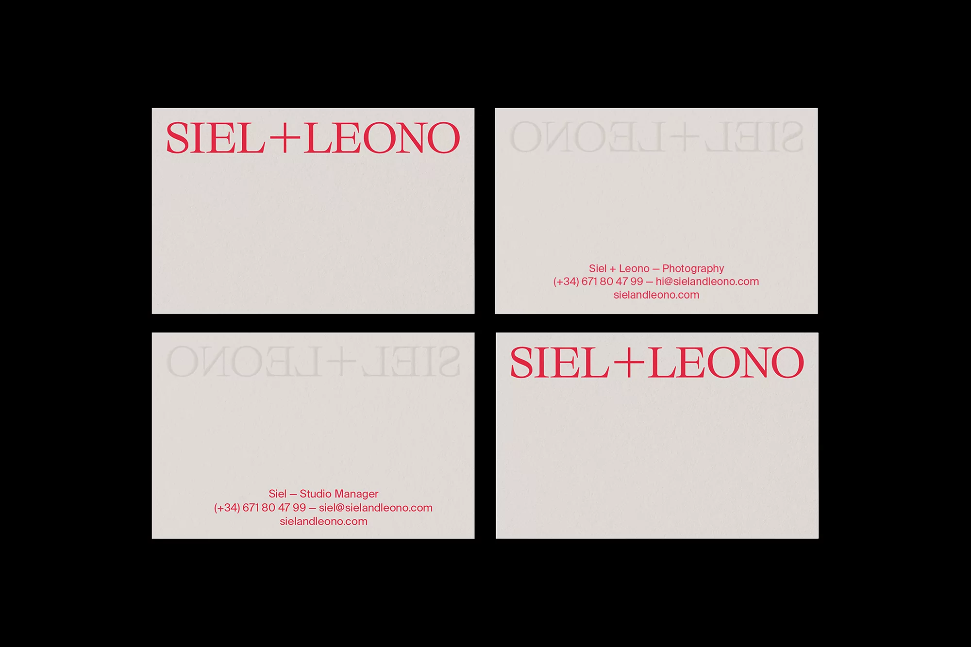 Four business cards featuring 'SIEL+LEONO' in red text on a white card, against a black background, presenting a clean and modern design.