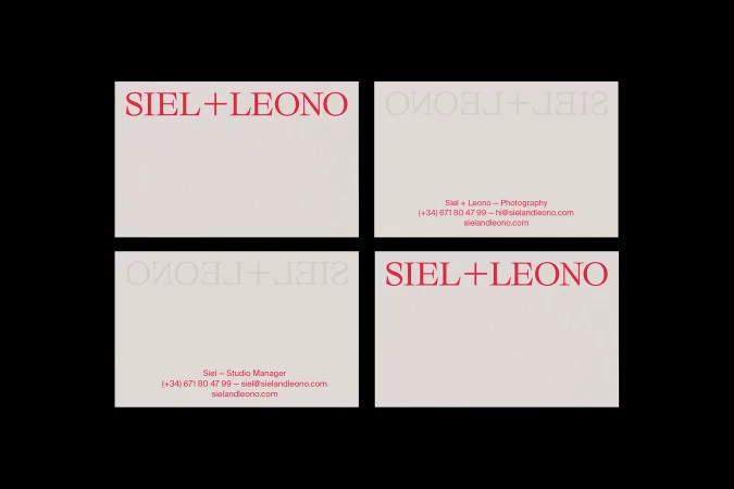 Four business cards featuring 'SIEL+LEONO' in red text on a white card, against a black background, presenting a clean and modern design.